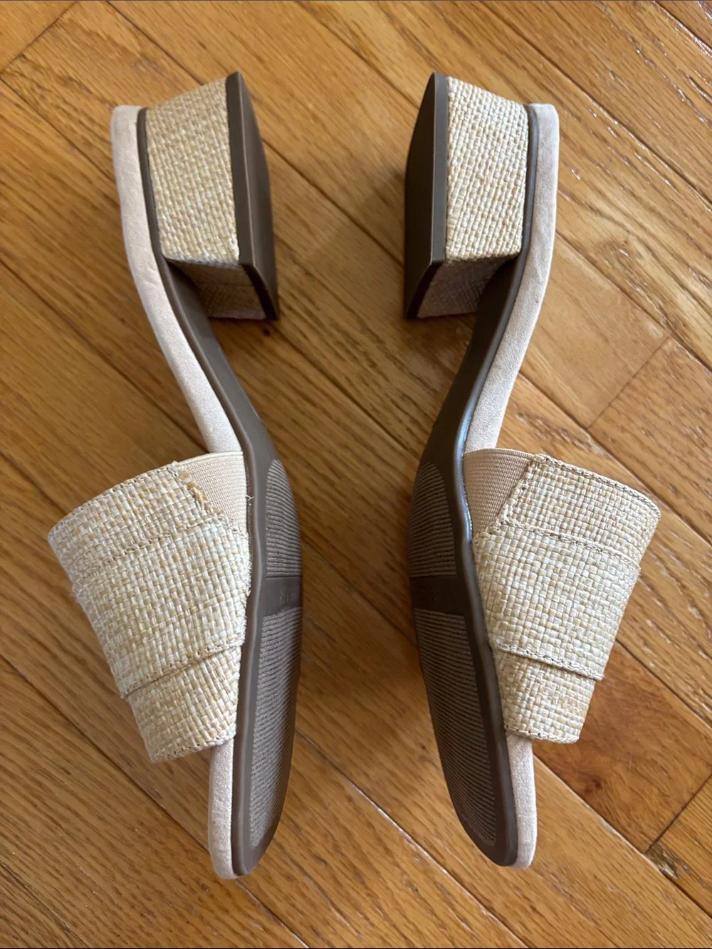 ANNE KLEIN Netty Heeled Slide Sandals beaded tan buckle heel 9.5 M